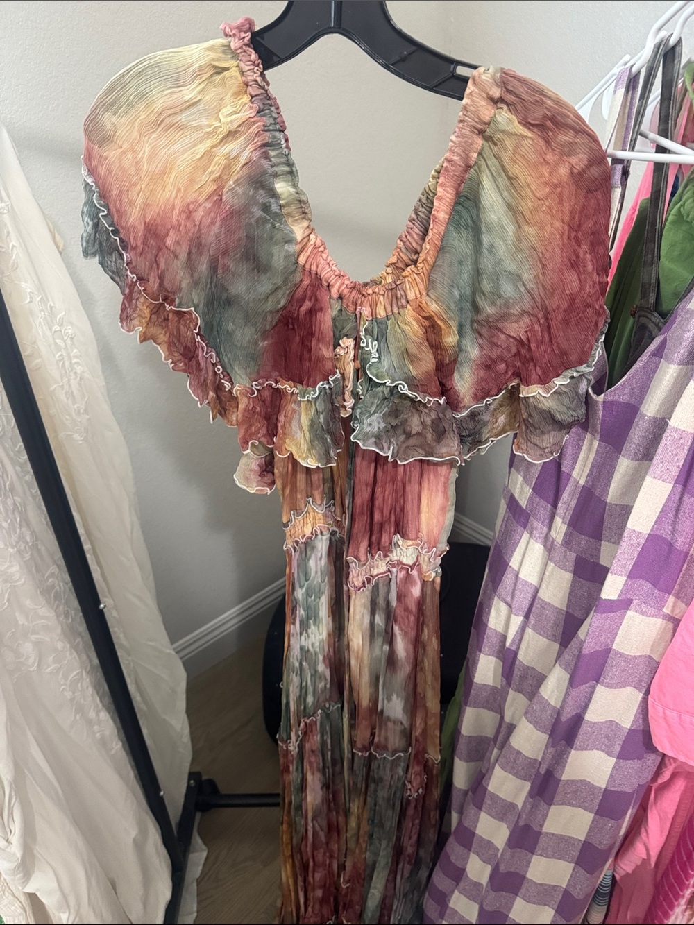 Fillyboo Ruffled Tie-Dye Maxi Dress in Rust, Green & Cream